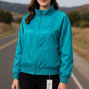 NWT BOCOO Women Jacket SIZE MEDIUM Floral Turquoise Satin Bomber NWT